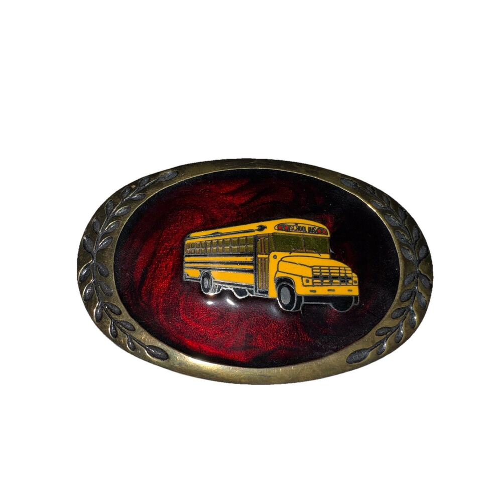Vintage Yellow School Bus Enamel/Solid Brass Belt Buckle, Red and Black